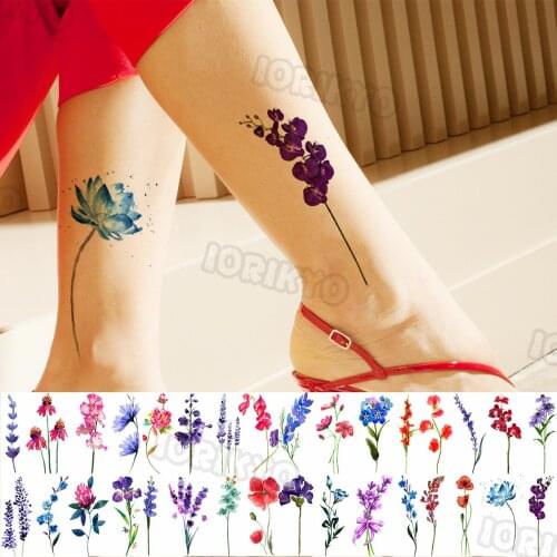 Brightly Colored Lotus Lavender Small Temporary Tattoos For Women Girls Zinnia Flower Plum Peony Fake Tattoo Sticker Leg Tatoos