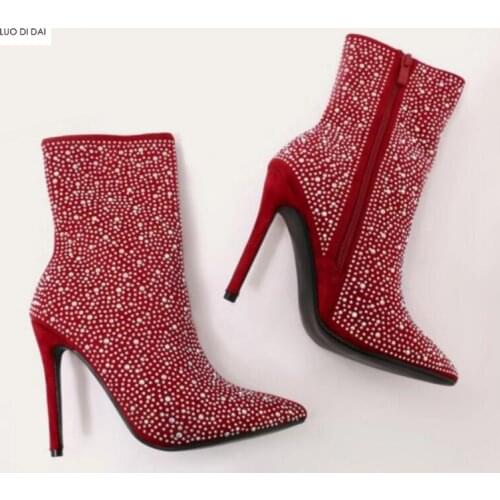 2019 glitter ladies ankle boots fashion pointed toe boots shine diamond stud booties thin heel party boots women rhinestone shoe