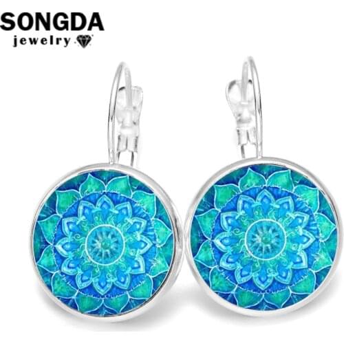SONGDA Ancient India Mandala Earrings for Women OM Symbol Buddhism Zen Round Crystal Cabochon Hook Earrings Henna Yoga Jewelry