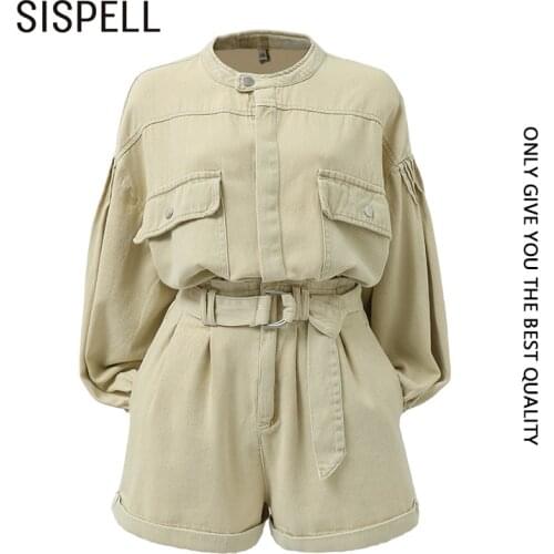 SISPELL Denim Casual Sets For Female Stand Collar Lantern Long Sleeve Top High Waist Wiht Belt Wide Leg Shorts Womens Set Tide