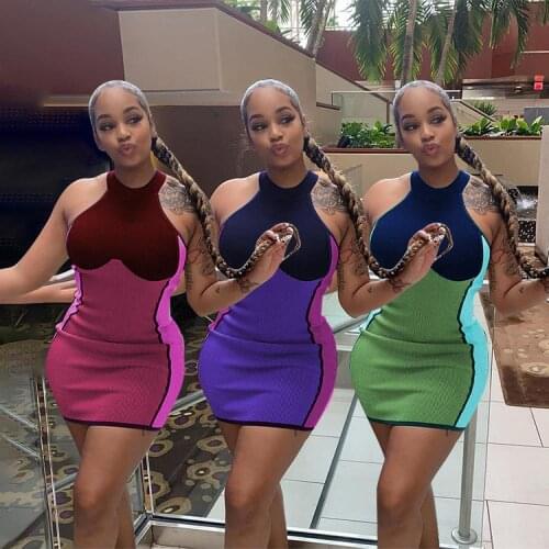 Y2K Ladies Irregular Halter Neck Color Blocking Skinny Short Dress Prom Casual Women Dresses Bodycon Dress Female Beach Vestidos