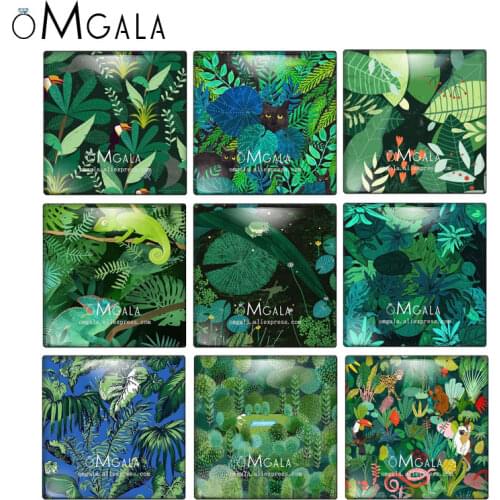 Green tropical plant leaves patterns 10pcs 10mm/12mm/20mm/25mm/30mm photo glass cabochon demo flat back Making findings