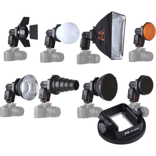 9PCS K9 Flash Speedlite Accessories kit Conical Snoot + Reflector + Diffuser + Honey Comb + Softbox + gels + Barndoor + Mount