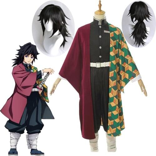 Anime Demon Slayer: Kimetsu no Yaiba Tomioka Giyuu Kimono Gothic Uniform Cosplay Costume Halloween Suit Black Ponytail Wig