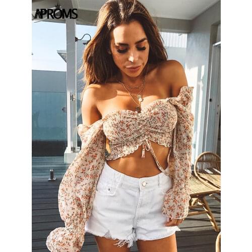 Aproms Elegant Off Shoulder Chiffon Tank Tops Women Lantern Sleeve Crop Top Female Autumn Holiday Flroal Print Tops Tees 2020