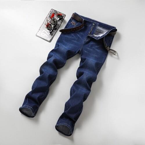 2021 fall/winter high waist jeans mens loose straight super stretch denim plus size pants business mens fat trousers