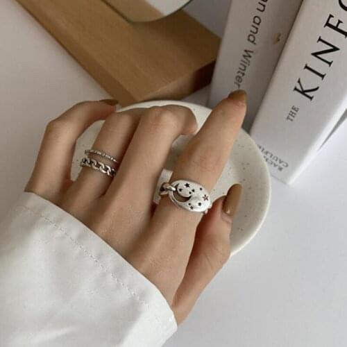 New Handmade Silver Color Moon Stars Rings Fine Jewelry Fashion Simple Double-layered Chain Geometric Party Accessories Gifts