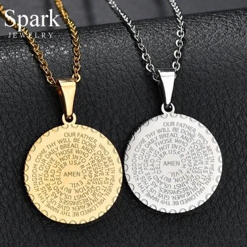 Spark Vintage Stainless Steel Bible Amen Necklace Gold Color Round Pendant Necklace For Men Female Religious Jewelry Gift