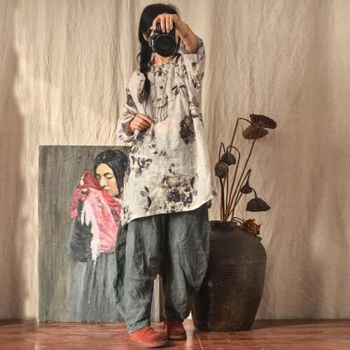 Women Loose Prined Ramie Blouse Ladies Loose Vintage Ramie Shirt Tops Female Spring Summer Thin Tops Blouses