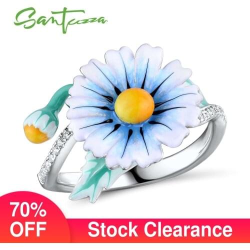 SANTUZZA Silver Ring For Women Authentic 925 Sterling Silver Dazzling Daisy Blue Flower Ring Fashion Jewelry Handmade Enamel