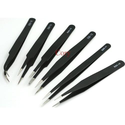 1PC Tweezer Anti-static ESD Stainless Steel tool kit Electronic maintenance tools Flat nose elbow clip Black CZYC