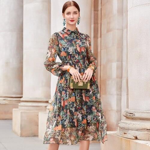 100% Natural Rreal silk summer dress 2020 spring women clothes vintage floral elegant boho ladies clothes Peter pan collar 638