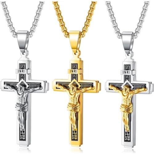 2020 Vintage Religious Jewelry punk Jesus Cross Stainless Steel Necklace men gold color hip hop accessories best friend gifts