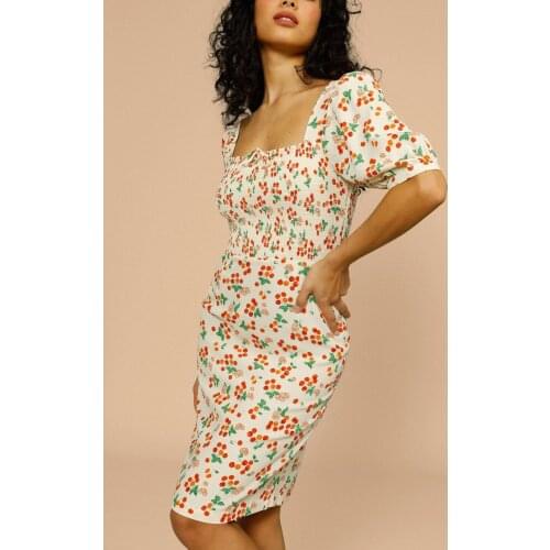 2021 Summer Women Mini Dress Cherry Print Short Puff Sleeve Square Collar Waist Slim A-Line Robes Ladies Short Dress for Holiday