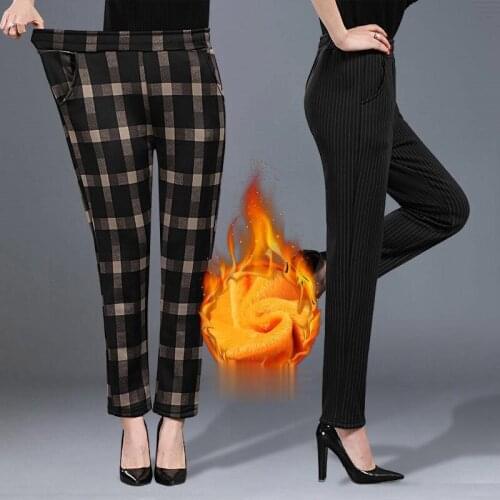 2021 Autumn Winter Middle Age Women Casual Print Pants Female Slim Fit Elastic High Waist Warm Leggings Thick Warm Trousers E600