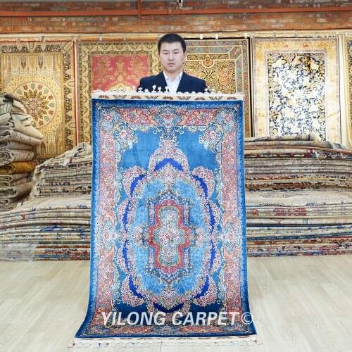 Yilong 3'x5.5' Oriental silk carpet blue handmade exquisite persian silk rugs (TJ146A)