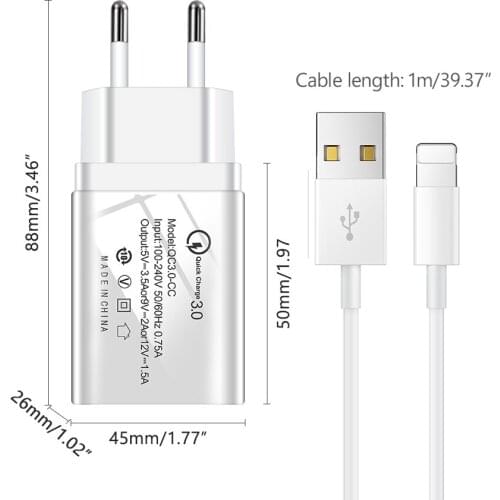 5V/3.5A 9V/2A 12V/1.5A single usb charger Quick charge 3.0 phone charger + type c Micro USB data charge cable for Android phones