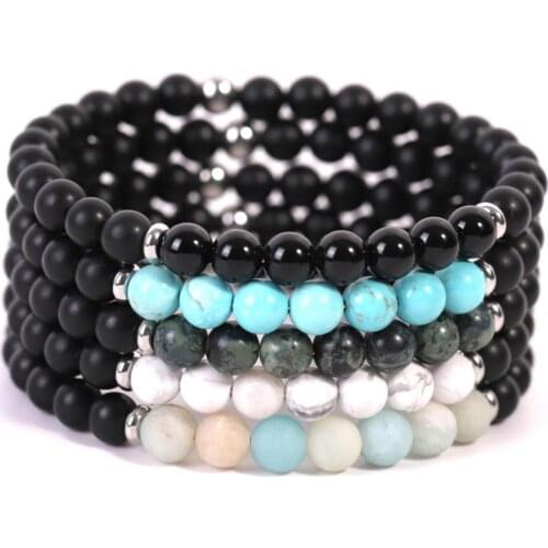 6pcs 6mm beads natural stone frosted Matte black Blue white turquoises mixed steel fittings bracelet for jewelry hand making