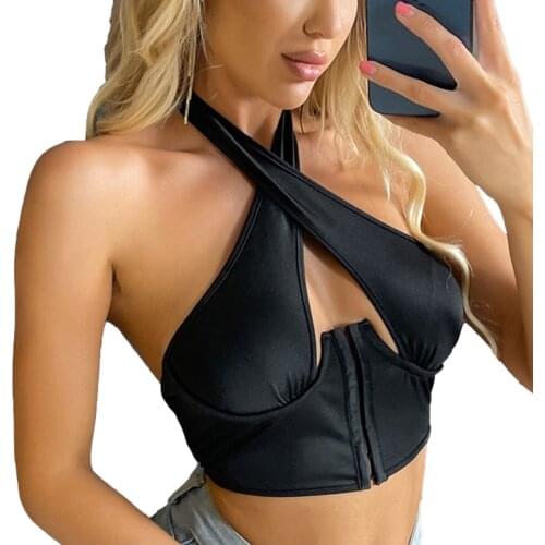 Hollow Out Crossover Halter Camisole Women Solid Color Sleeveless Vest Female Backless Tie-up Cropped Tops for Summer