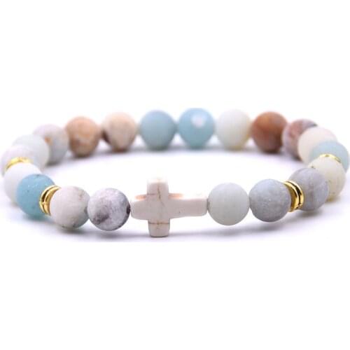 8MM Natural Lava Stone Cross Bracelet Handmade Beaded Elastic Bracelet Men And Women Christian Jewelry Gifts Multicolor