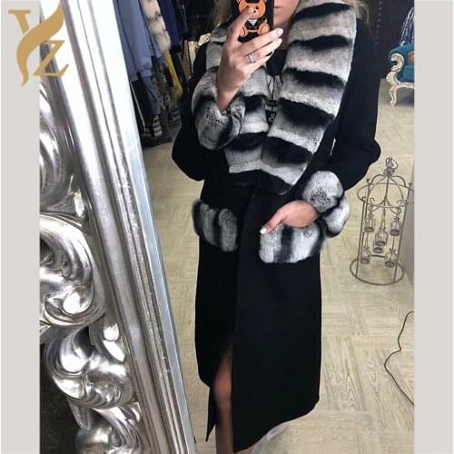 2018 Hot Sell Chinchilla Rex Rabbit Fur Coats For Women Winter Outer Garment Cashmere Wool Coat Slim Overcoats Nature Fur Tops