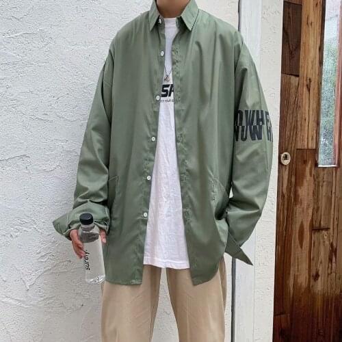 Khaki/Green Shirt for Men Casual All-match Thin coat Summer Loose Printed Letter Tops Streetwear Long Sleeve Shirt Male Clothes