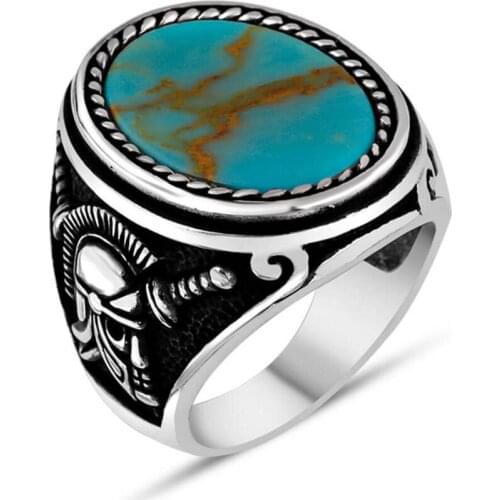 Men Silver Ring With Round Blue Raw Turquoise Stone With Knight Motif Made In Turkey Solid 925 Sterling Silver