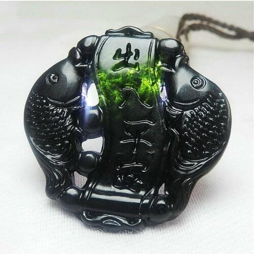Natural Black Green Jade Carp Pendant Bead Necklace Chinese Carved Pisces Charm Jewelry Fashion Amulet for Men Women Lucky Gifts