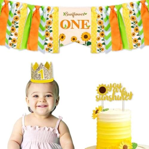 Girl One Birthday Party Supplies Baby 1st Birthday Decorations Sunflower High Chair Banner Baby First Birthday Crown for Boy