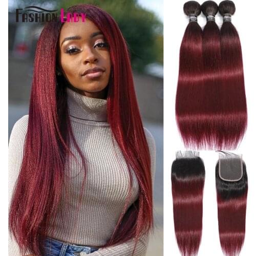 Fashion Lady Pre-Colored Brazilian Human Hair Bundles With Closure 1B/99J Straight Bundles With Closure Ombre Bundles Non-Remy