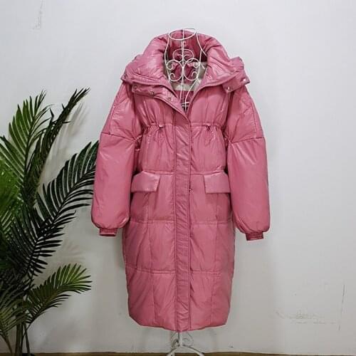 2021 New Down Jacket Women Winter Warm White Duck Down Parkas Coats Woman Loose Hooded Jackets Female Long Black Glossy Overcoat