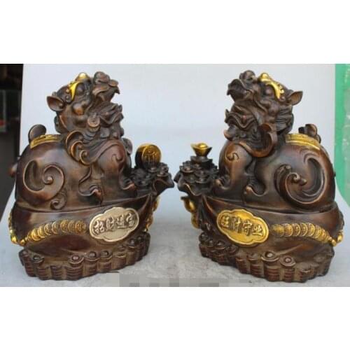 S02772 12"Marked Bronze Gilt Wealth Money Bag PiXiu Dragon Beast Brave troops Coin Pair