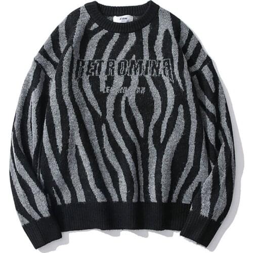Mens Harajuku Streetwear Zebra Pattern Letter Knitted Sweater Couple Lazy Loose Round Neck Long Sleeve Knit Pullover Sweater