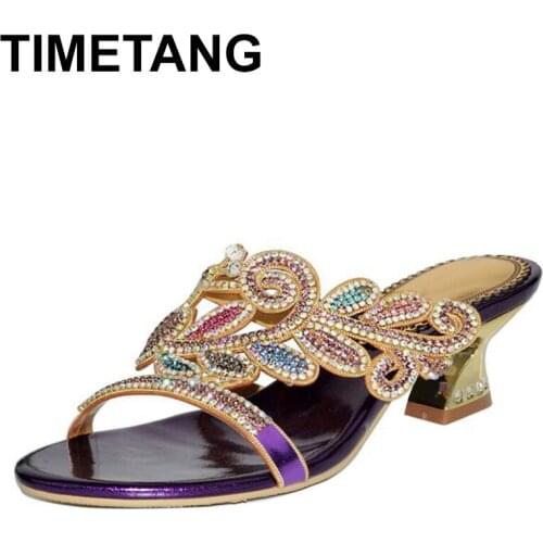 TIMETANG Crystal Thick High Heels Peep Toe Casual Women Sandals 2021New Summer Fashion Sexy Rhinestone Sandals Plus Size 35-44
