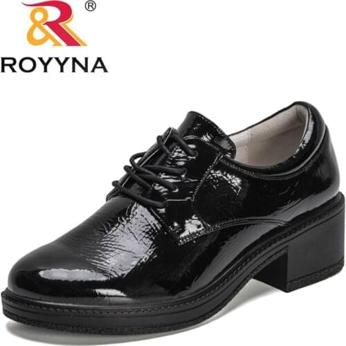 ROYYNA 2021 New Designers Genuine Leather Lace Up Pumps Women Square Heel Round Toe British Style Shoes Ladies Office Dress Shoe