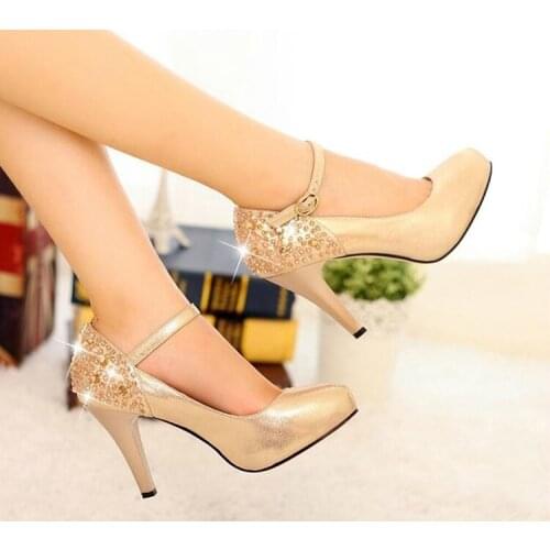 Elegant High Heel Straps Single Shoes Wedding Party Shoes Pumps Gold Color Spring New Arrival Lady Sexy Formal Dress Shoes Woman