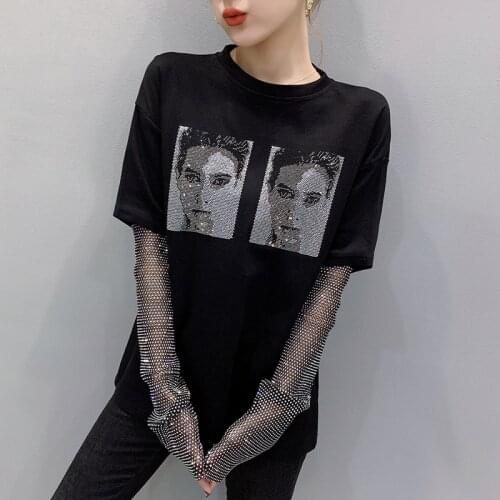 Diamond T-Shirt Womens Spring Shiny Rhinestone T-shirt Woman Long-Sleeve European Style Ride Drill Sleeve Panel Top Tee Black