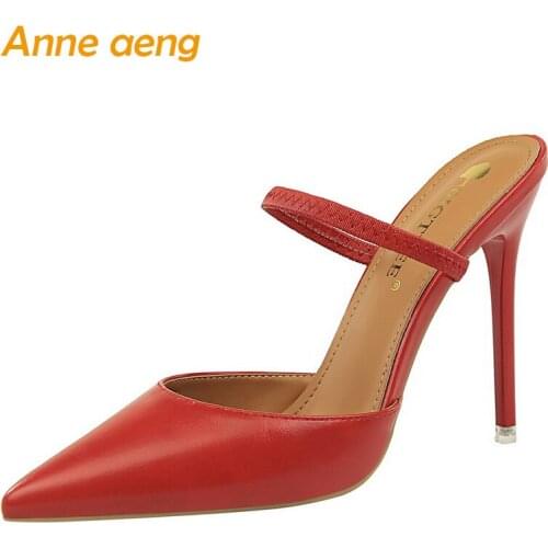 2019 New Summer Outside Women Slippers High Thin Heel Pointed Toe Solid Fashion Sexy Ladies Women Shoes Red Female Mules Slides