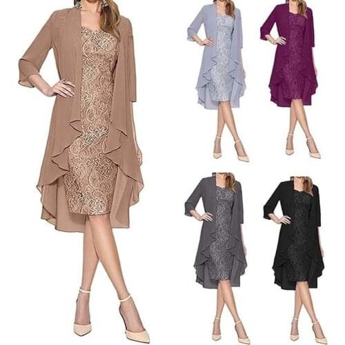 Two Pieces Dresses Women Charming Lace Knee Length Evening Gowns Elegant Dresses Mother of The Bride Dresses Plus Size S-5XL