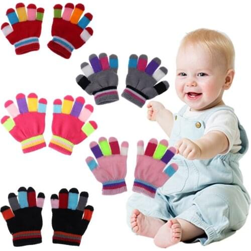 1 Pair Kids Gloves Full Finger Warm Winter Children Colorful Stripe Knitted Boys Girls Solid Glove Multi Color Elastic 19QF