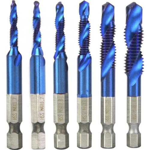 High Speed Steel Plated Blue 6.35mm Hex Shank Tap Drill Bit HSS Compound Tap Metric