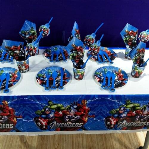 82pcs Avengers Birthday Cartoon Party Decoration Tableware Cup Plates Tablecloth Straw Napkin Kids Party Decoration Favors Baby