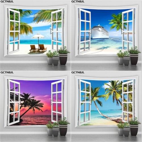 Window Landscape Large Tapestry Wall Hanging Sea Ocean Sunrise Beach Tropical Tree Tapestries Bedroom Dormitory Art Home Decor