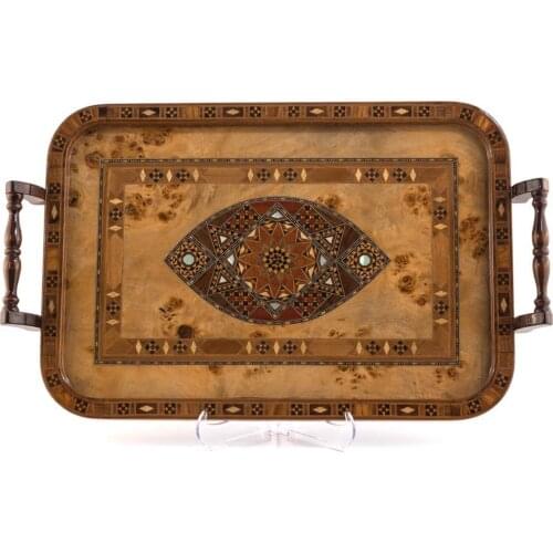 Large Size Tea and Coffee Serving Tray Decorative Wood, Handmade Rustic Kitchen Decor, For Easy Carrying Handle - Ancient Motifs