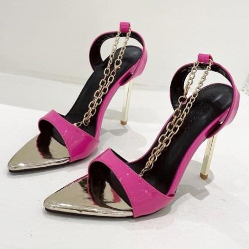 Summer Women Sandals Fetish 11cm Sexy High Heels Ladies Metal Chain Gladiator Stiletto Heels Pointed Toe Sandals Stripper Shoes
