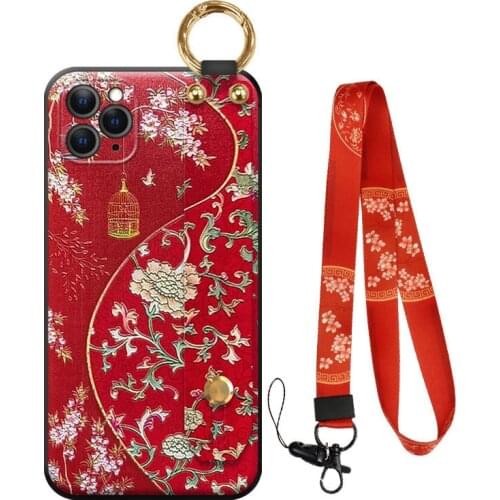 Chinese Style Embroidery Phone Case For iPhone 7 8 se 2020 Phone Back Cover Flower Design For iPhone 8 Case with Neck Strap