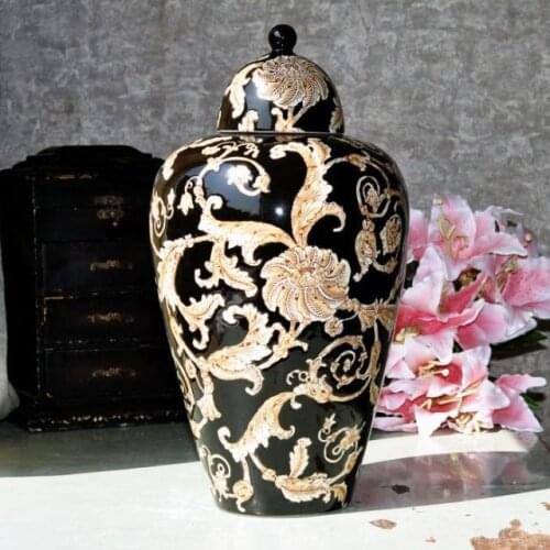 Black carving painting Jingdezhen ceramic ginger jars Antique Porcelain temple jars porcelain ceramic temple jar