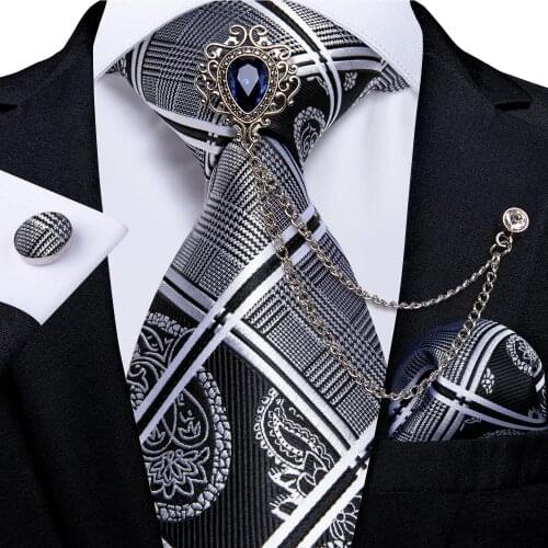 Black And Silver Paisley Floral Ties For Men 8cm Business Wedding Necktie Handkerchief With Luxury Crystal Brooch DiBanGu
