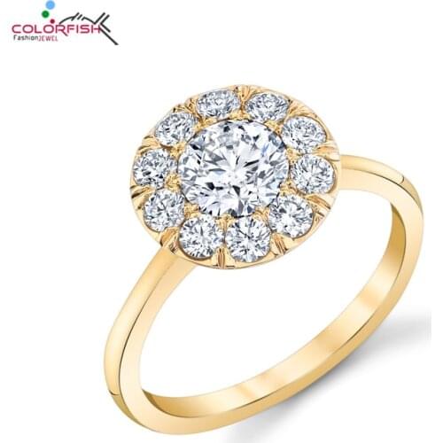 COLORFISH Solid Yellow Gold 14K Round Cut 1 carat Moissanite Halo Engagement Ring for Women Luxury Anniversary Wedding Jewelry