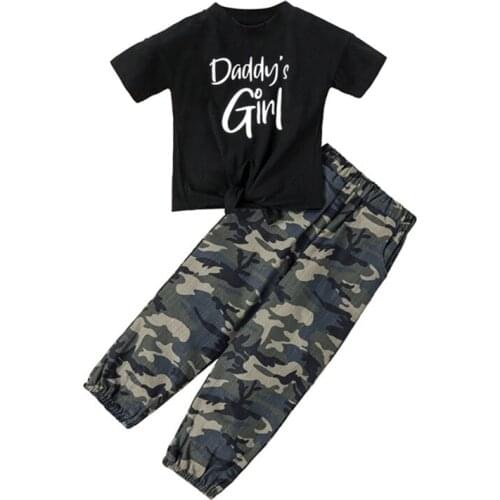 2-7 Years Kids Girls Summer Outfit Set Short Sleeve Letter Print Tops Camouflage Pants Set For Children Baby Girls Casual Suits